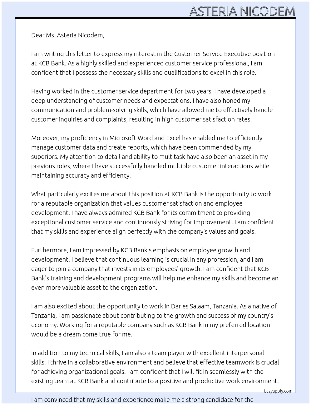 Customer service executive At KCB bank Cover Letter