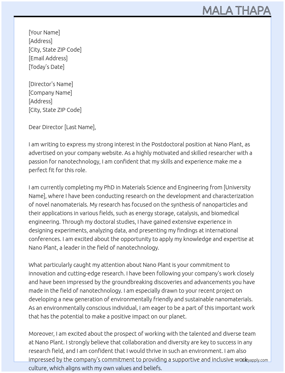 Postdoctoral position At Nano plant Cover Letter