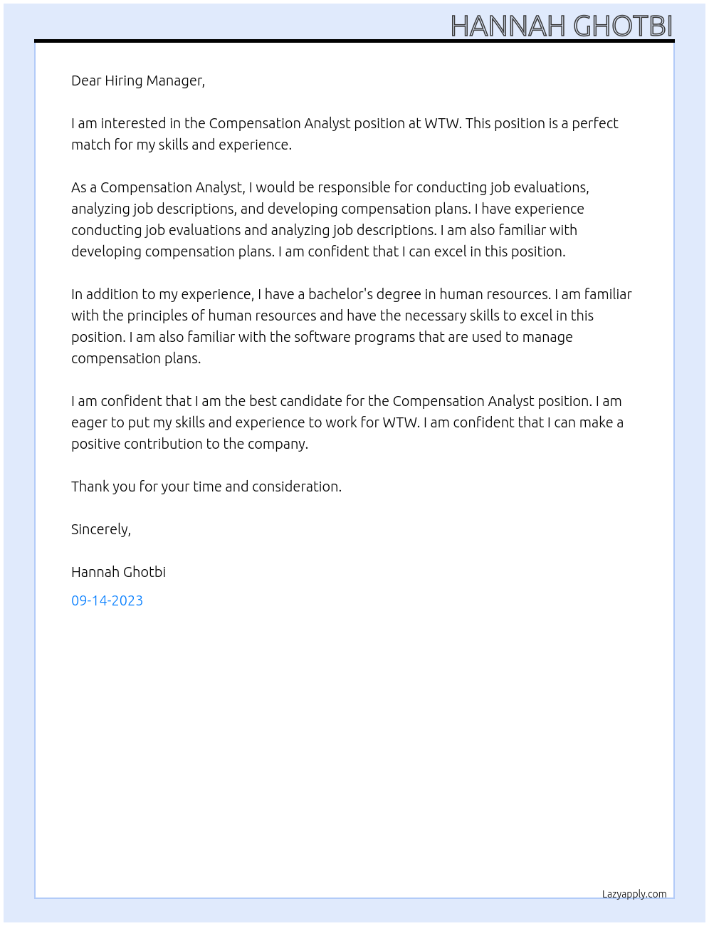 Compensation Analyst At WTW Cover Letter