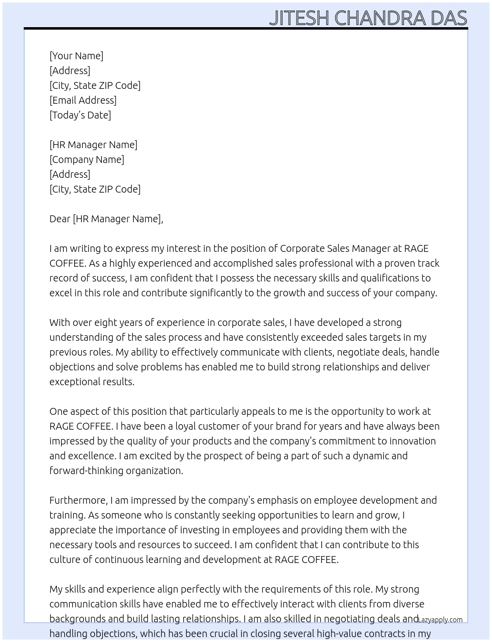 Corporate Sales Manager At RAGE COFFEE Cover Letter