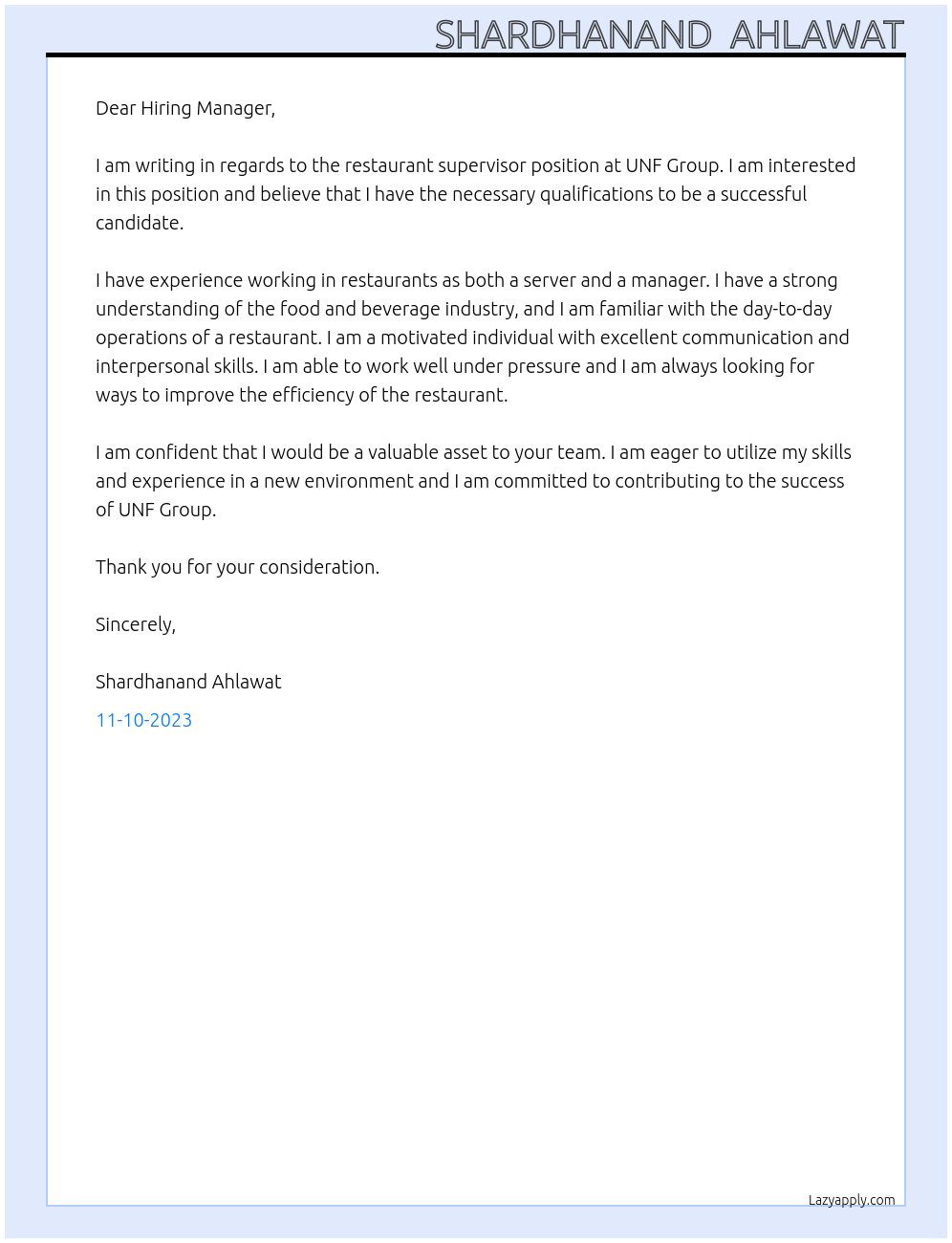 restaurant supervisor At UNF Group Cover Letter