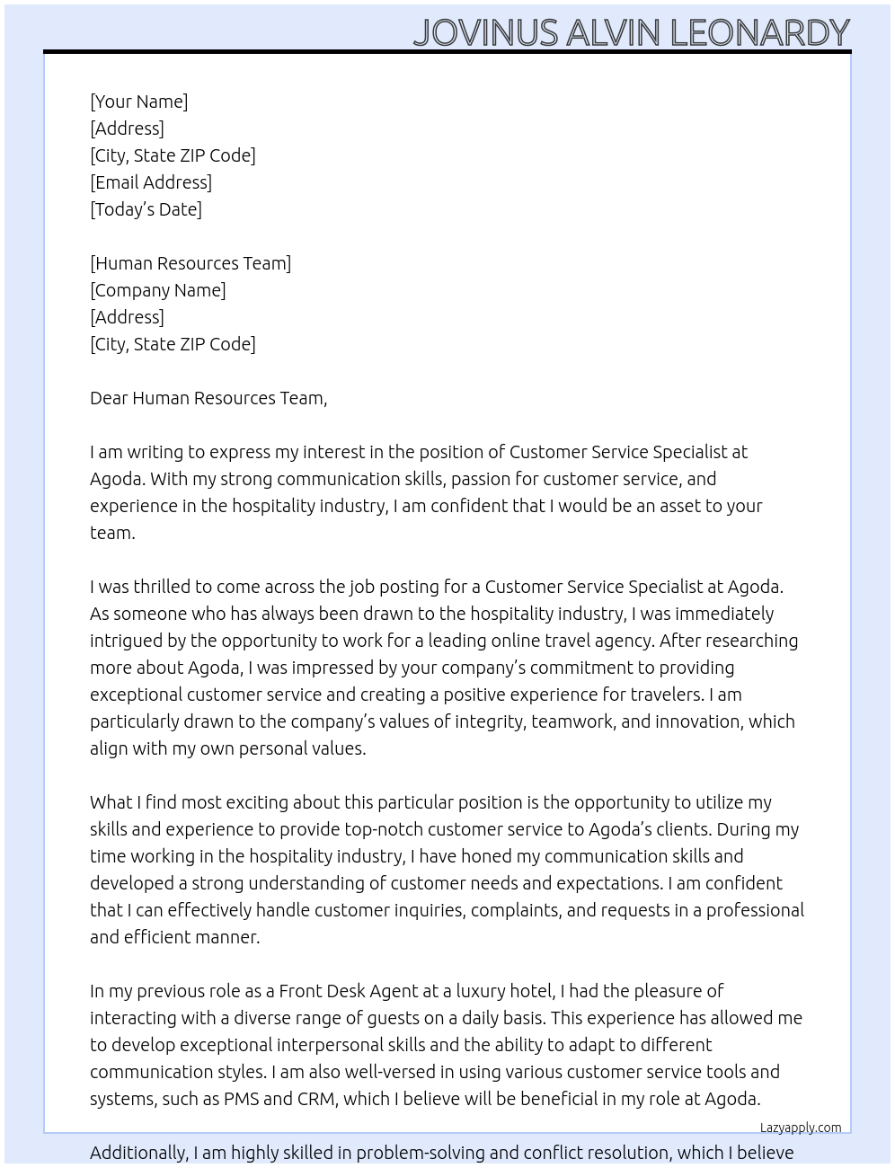 Customer Service Specialist At Agoda Cover Letter