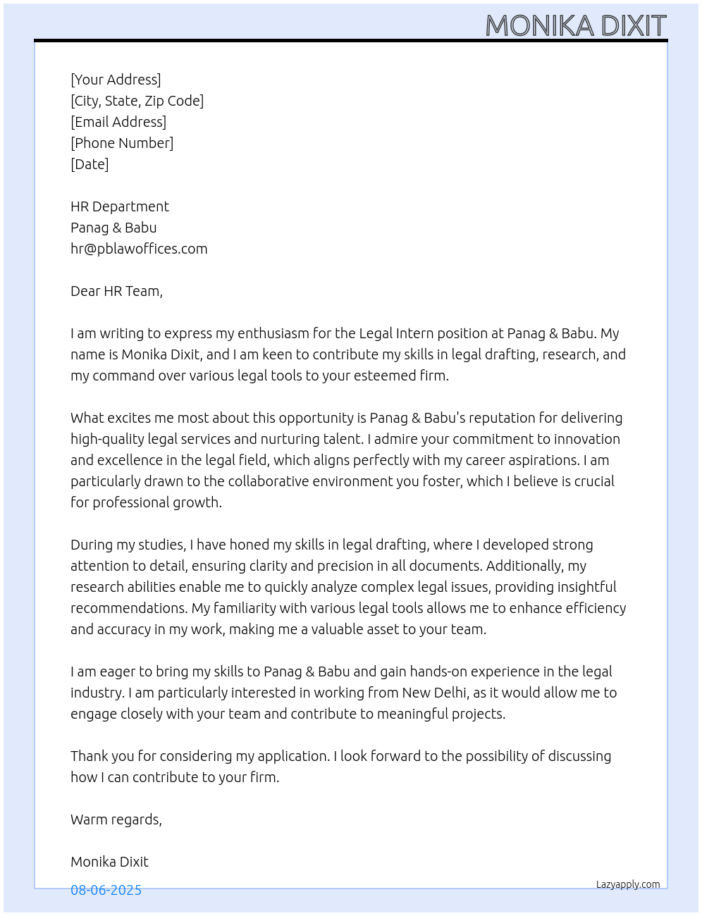 Cover letter for legal intern - LazyApply