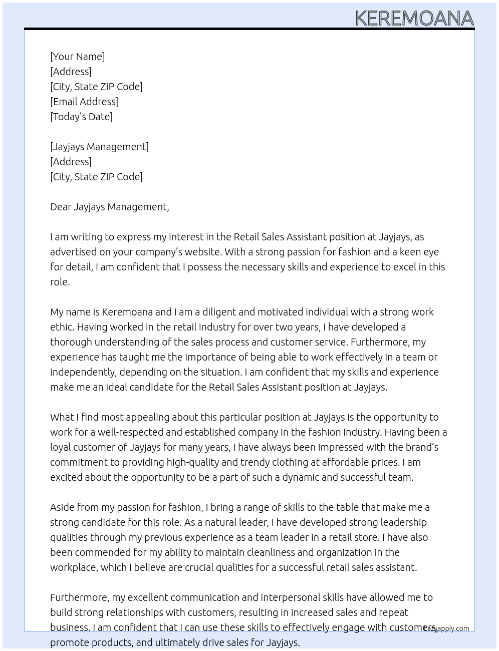 Retail sales assistant At Jayjays Cover Letter