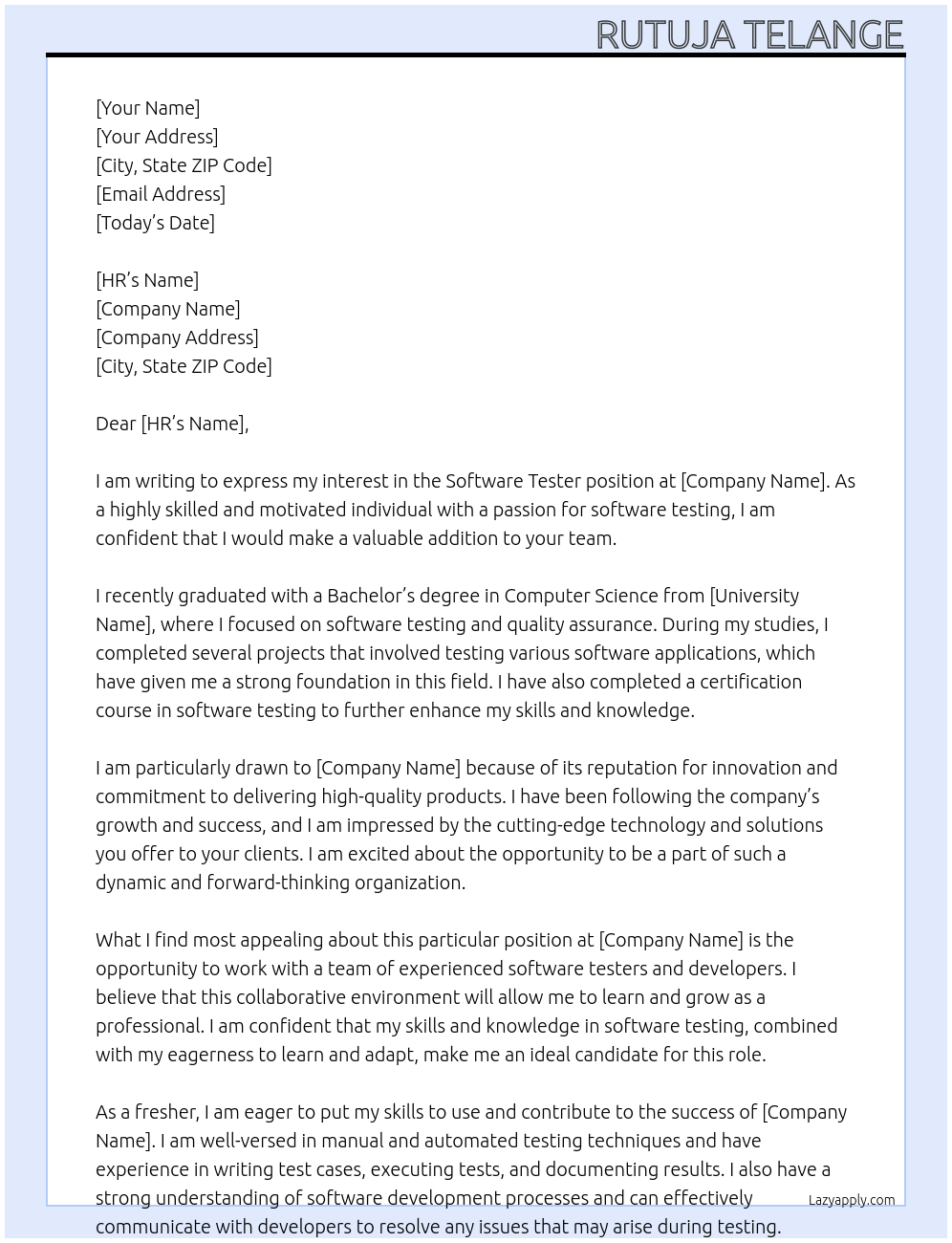 Software tester At Xx Cover Letter