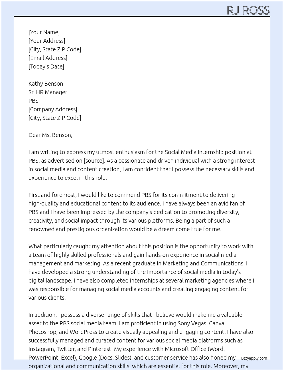 Social Media Internship At PBS Cover Letter