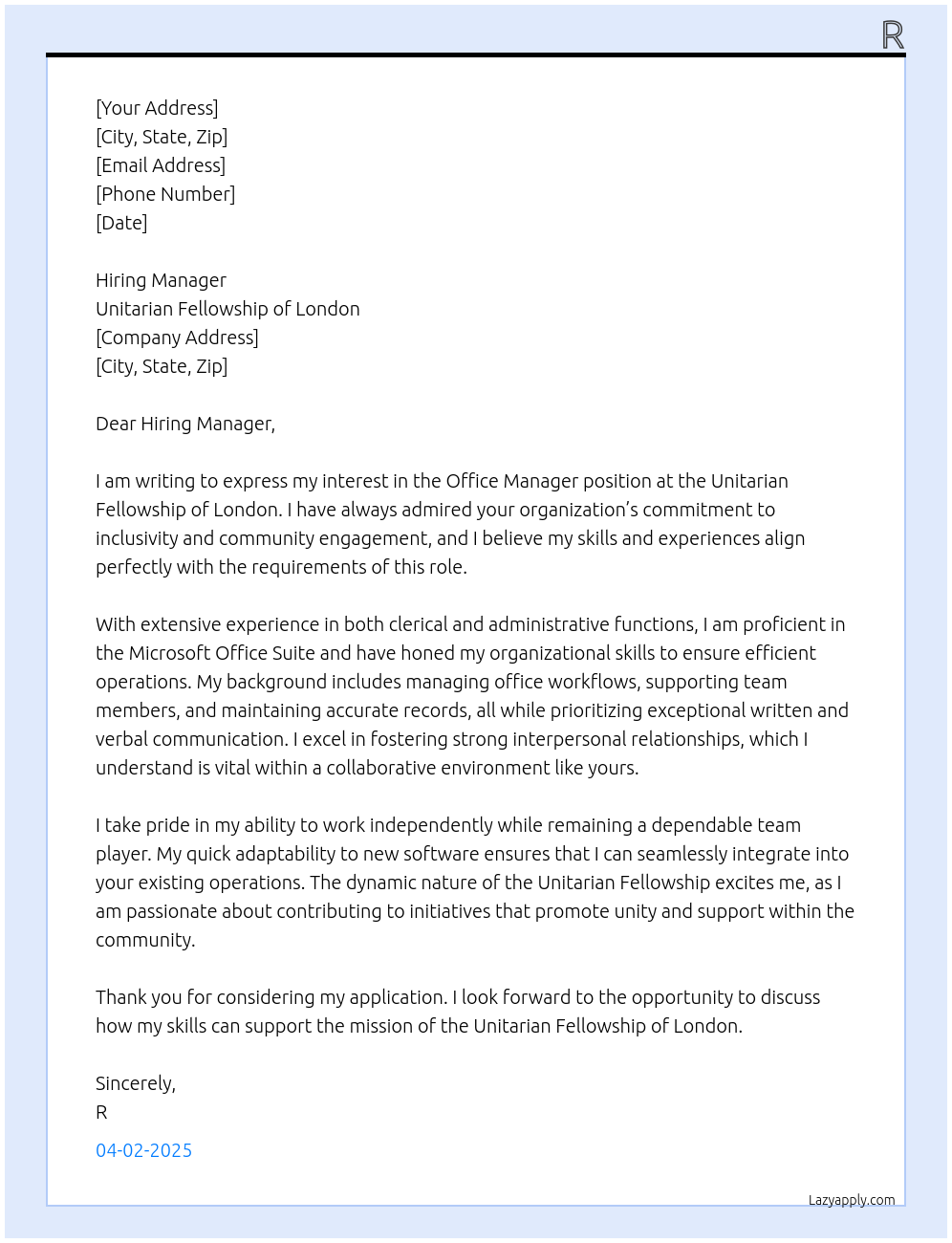 Office Manager At Unitarian Fellowship of London Cover Letter