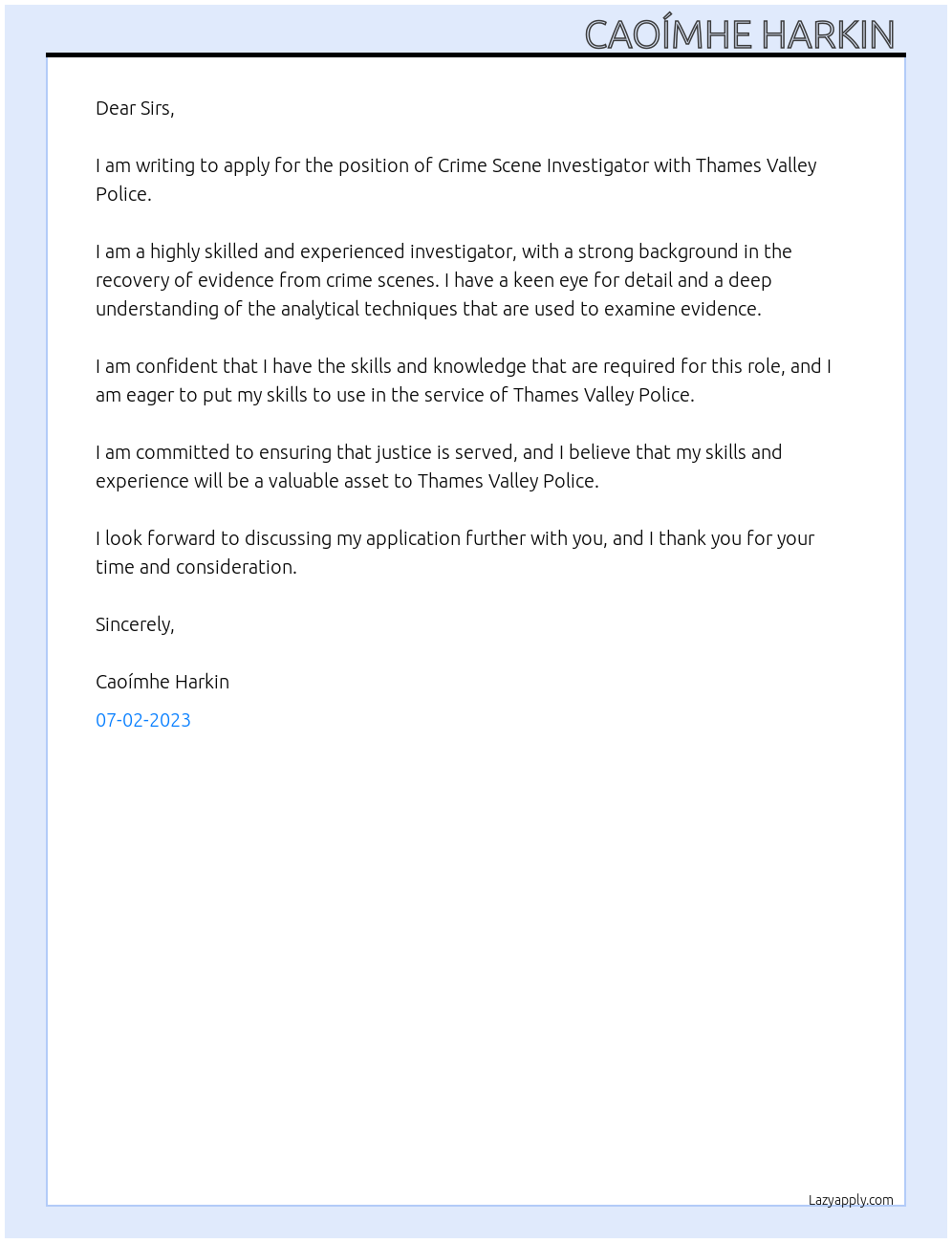 Crime Scene Investigator At Thames Valley Police  Cover Letter