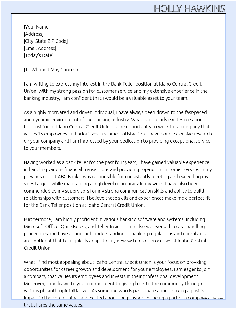bank teller At Idaho central credit union Cover Letter