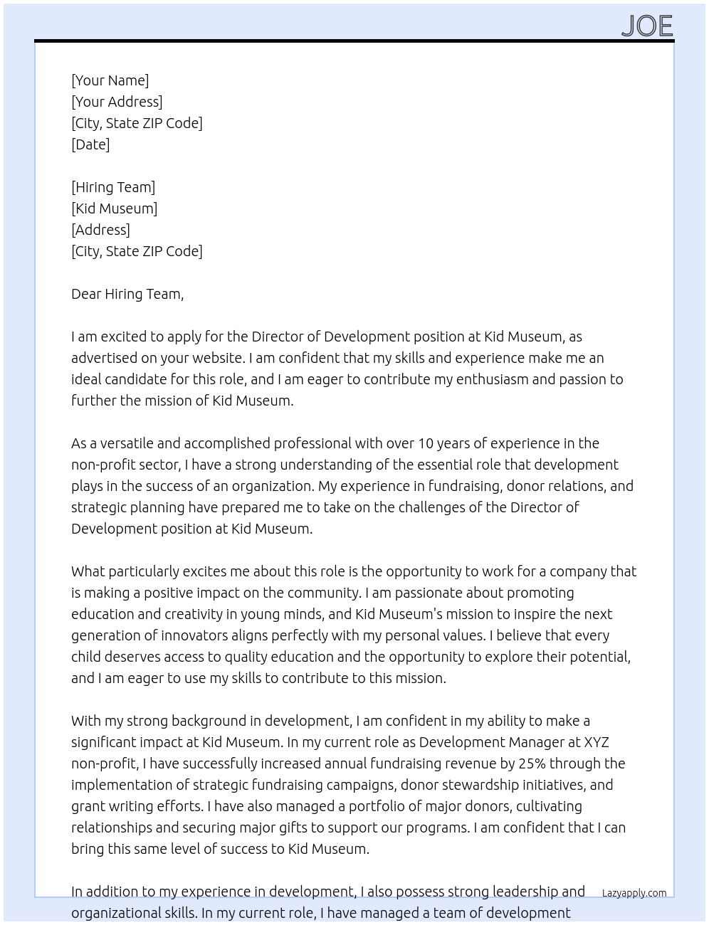 Director of Development At Kid Museum  Cover Letter