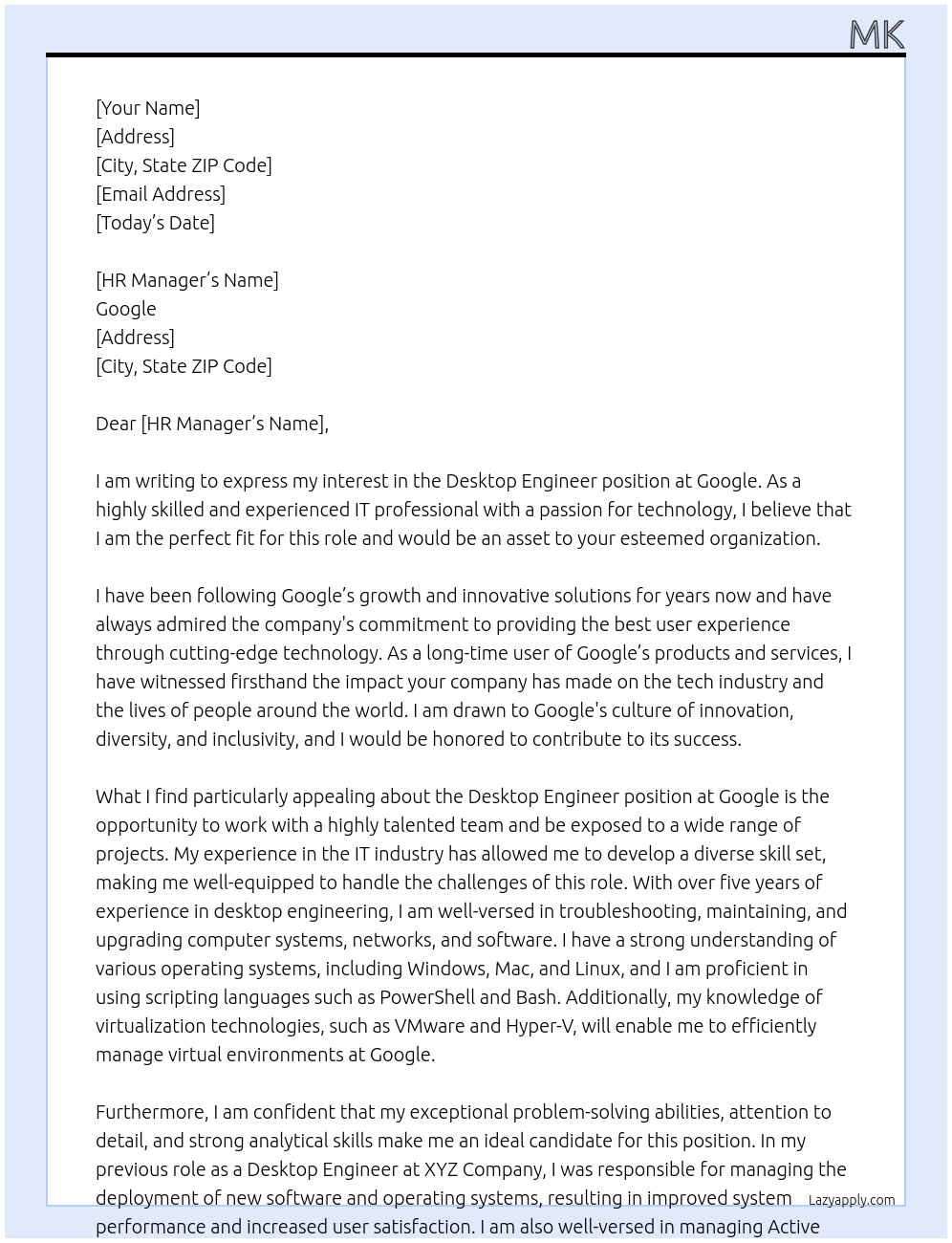 Desktop Engineer At Google Cover Letter