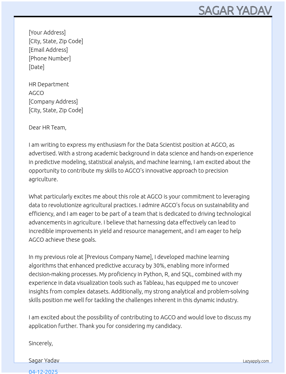 Data scientist At AGCO Cover Letter