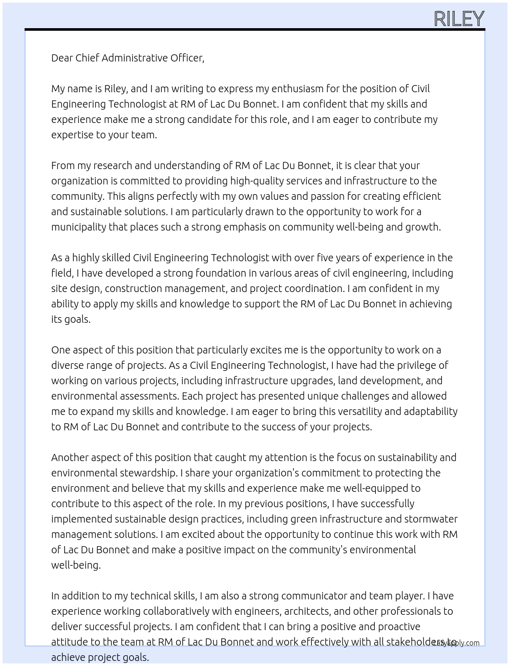 Civil Engineering Technologist At RM of Lac Du Bonnet Cover Letter