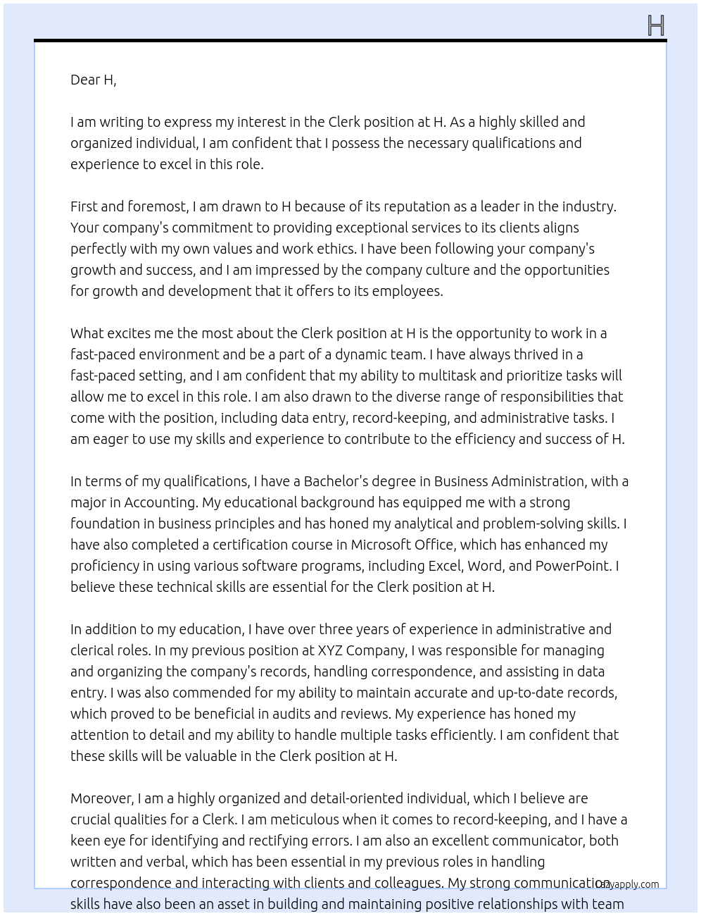 Clerk At H Cover Letter