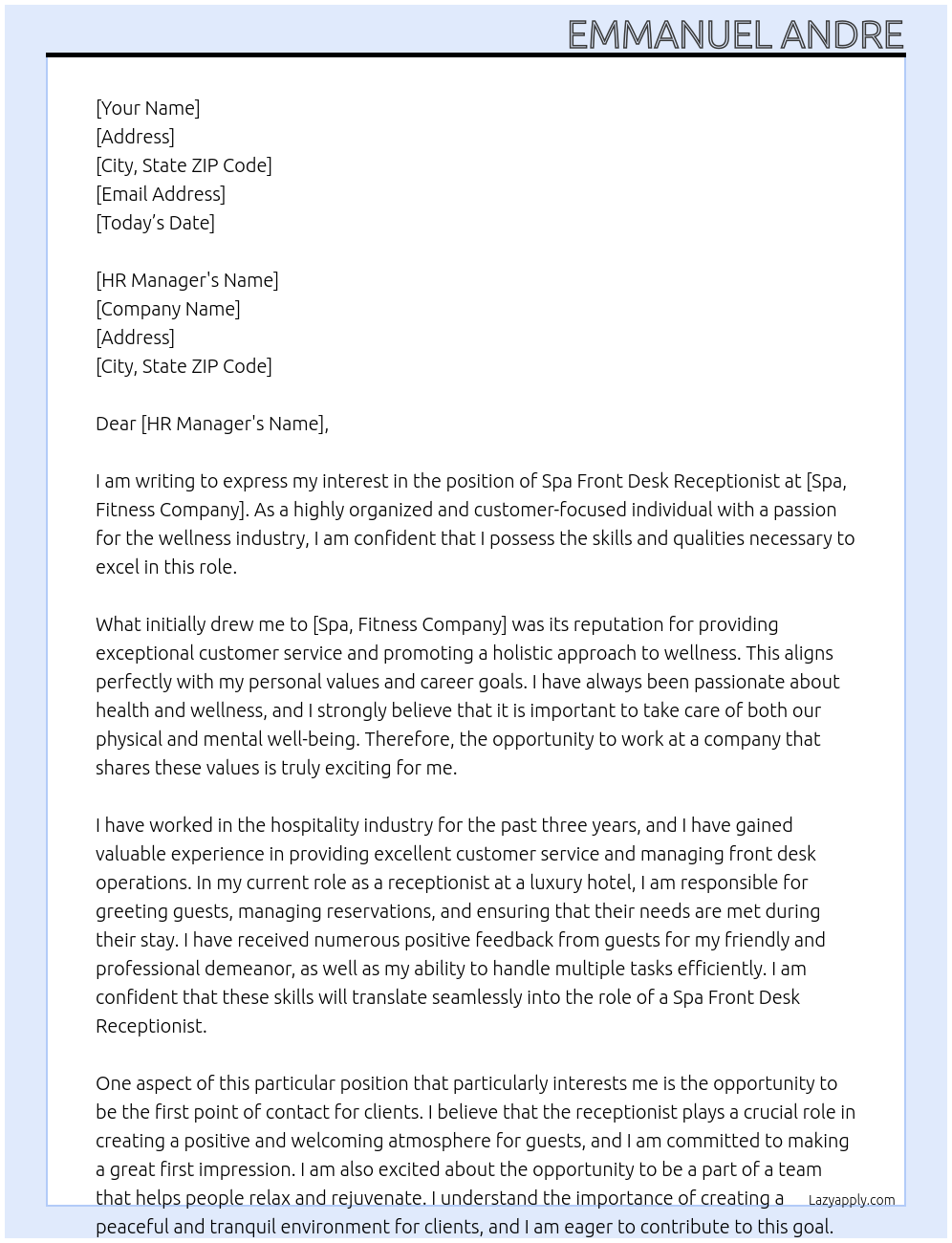 Cover letter for spa front desk receptionist - LazyApply
