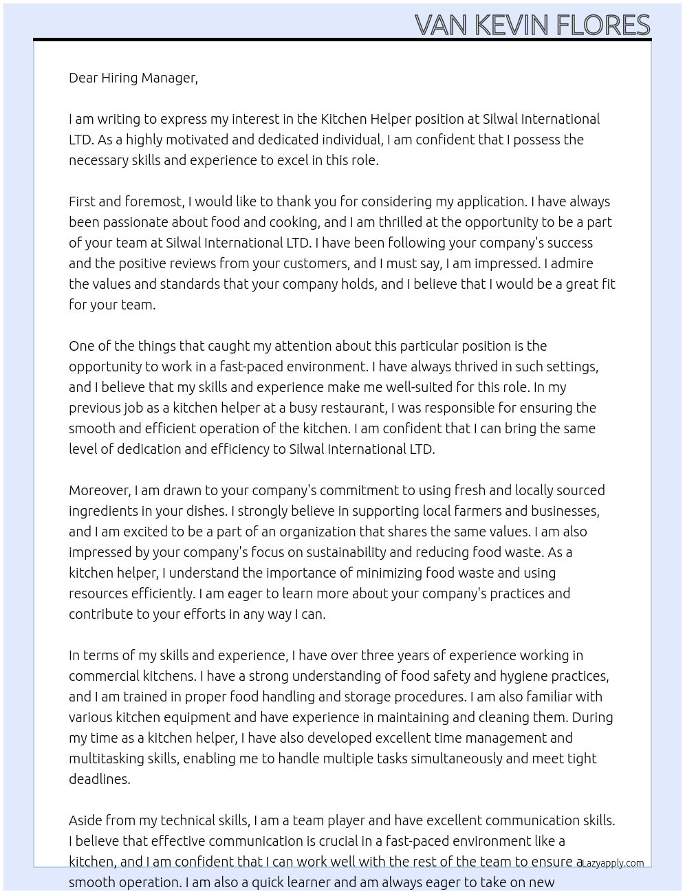 Kitchen Helper At Silwal International LTD. Cover Letter