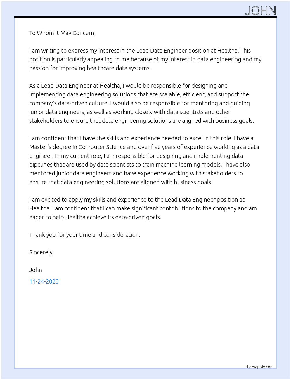 Lead Data Engineer At Healtha Cover Letter
