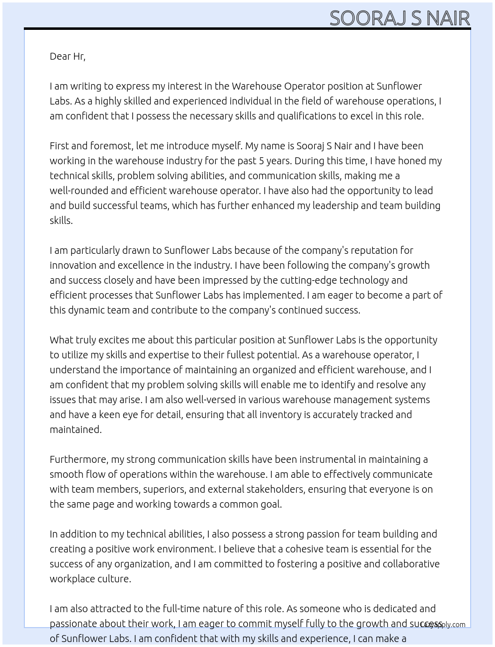 Warehouse Operator At Sunflower Labs Cover Letter