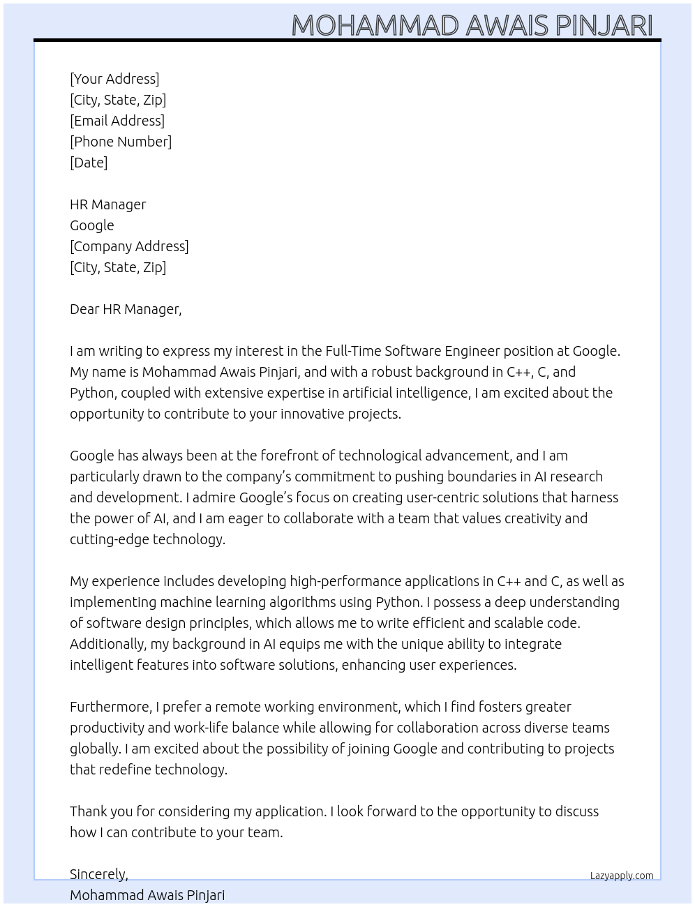 Software Engineer At Google Cover Letter