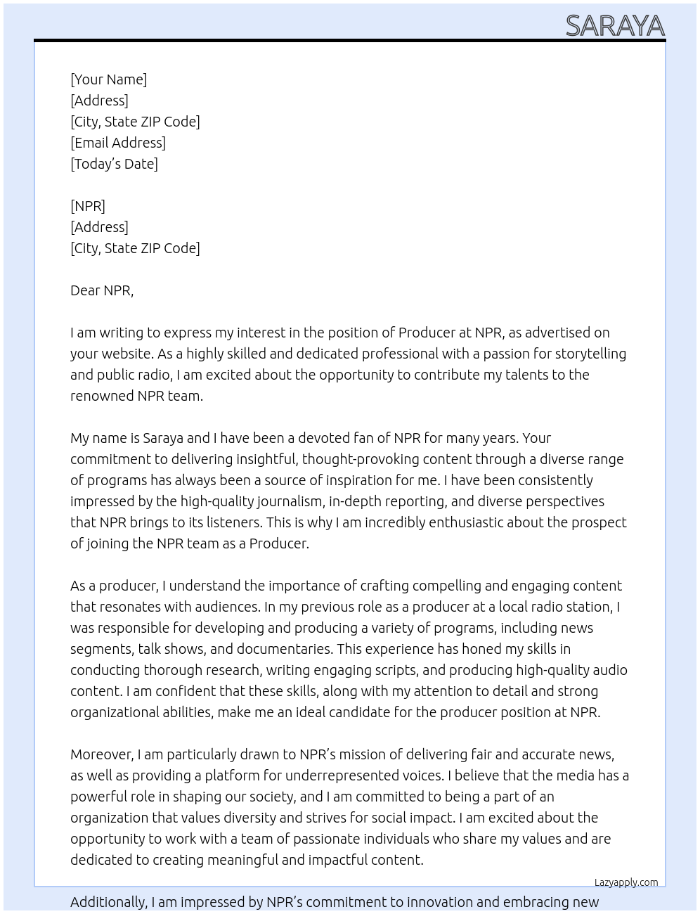 producer At NPR Cover Letter
