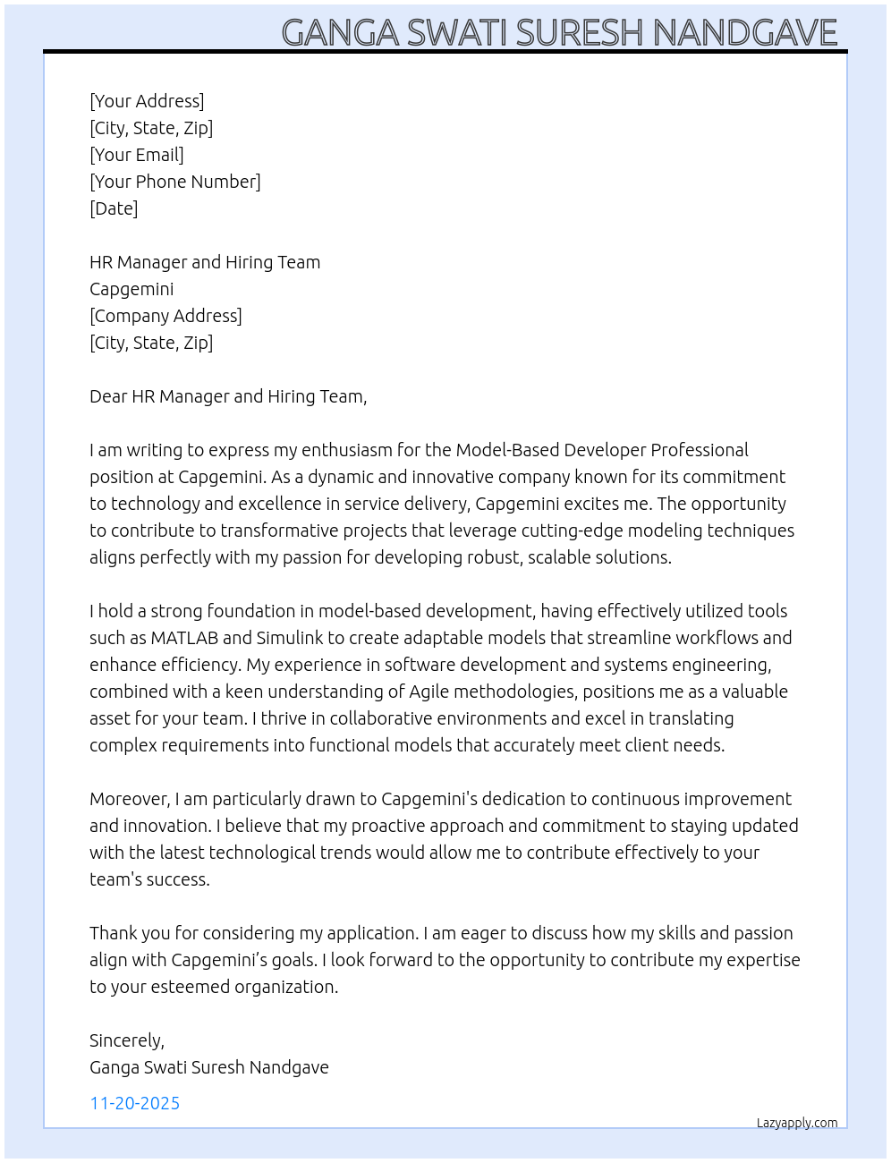 Model based developer professional At Capgemini Cover Letter