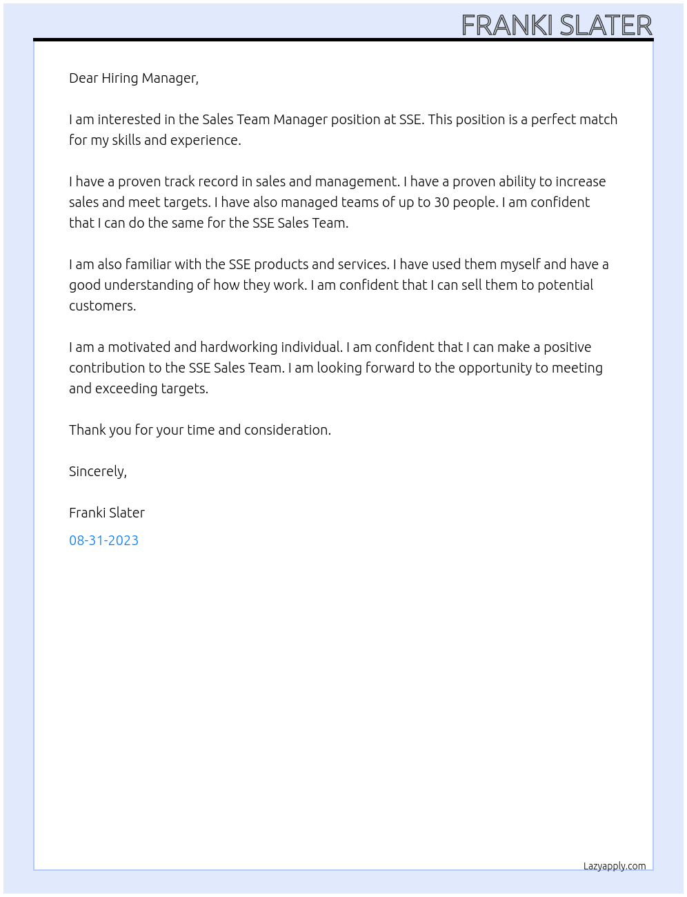 Sales Team Manager At SSE Cover Letter