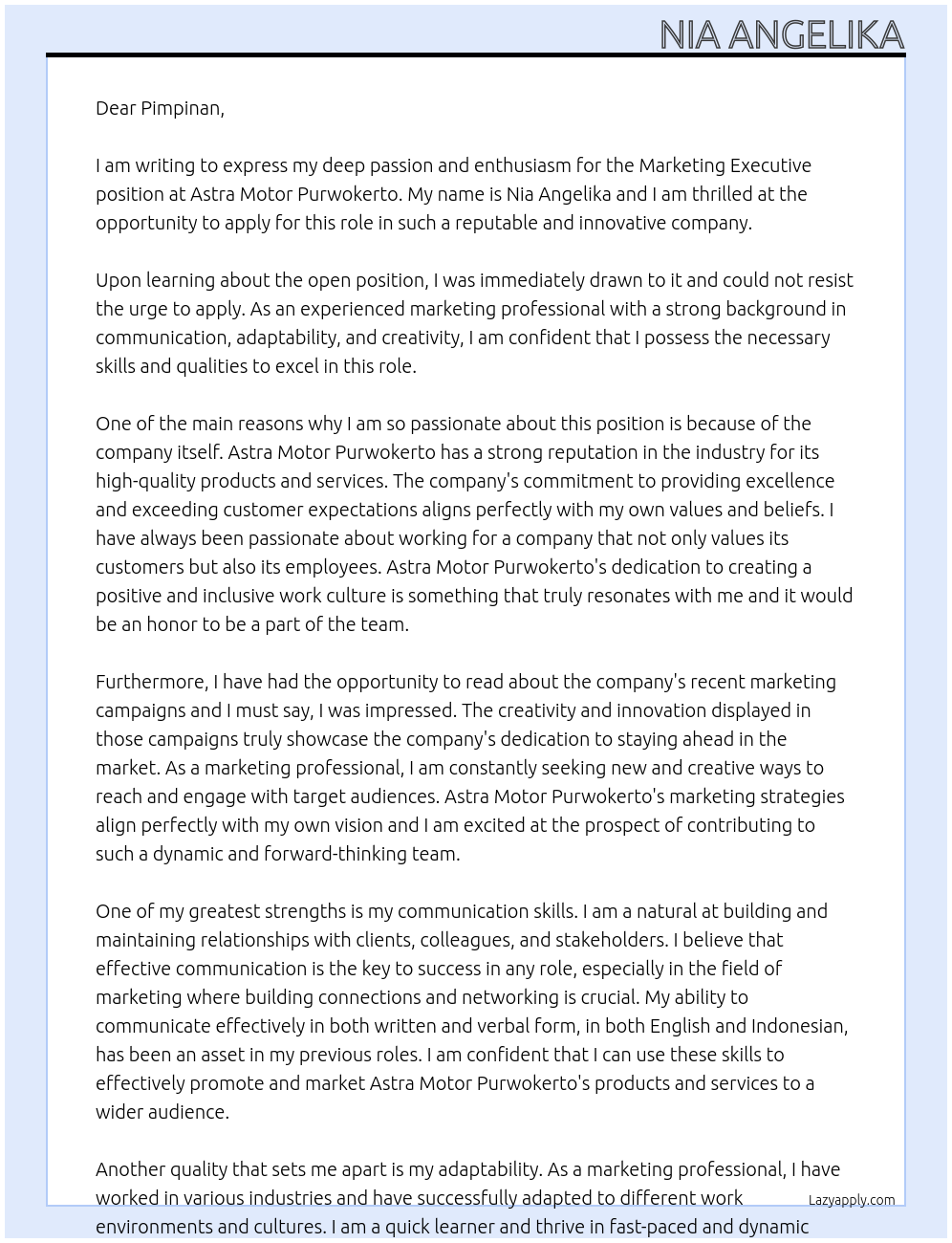 Marketing Executive At Astra Motor Purwokerto  Cover Letter