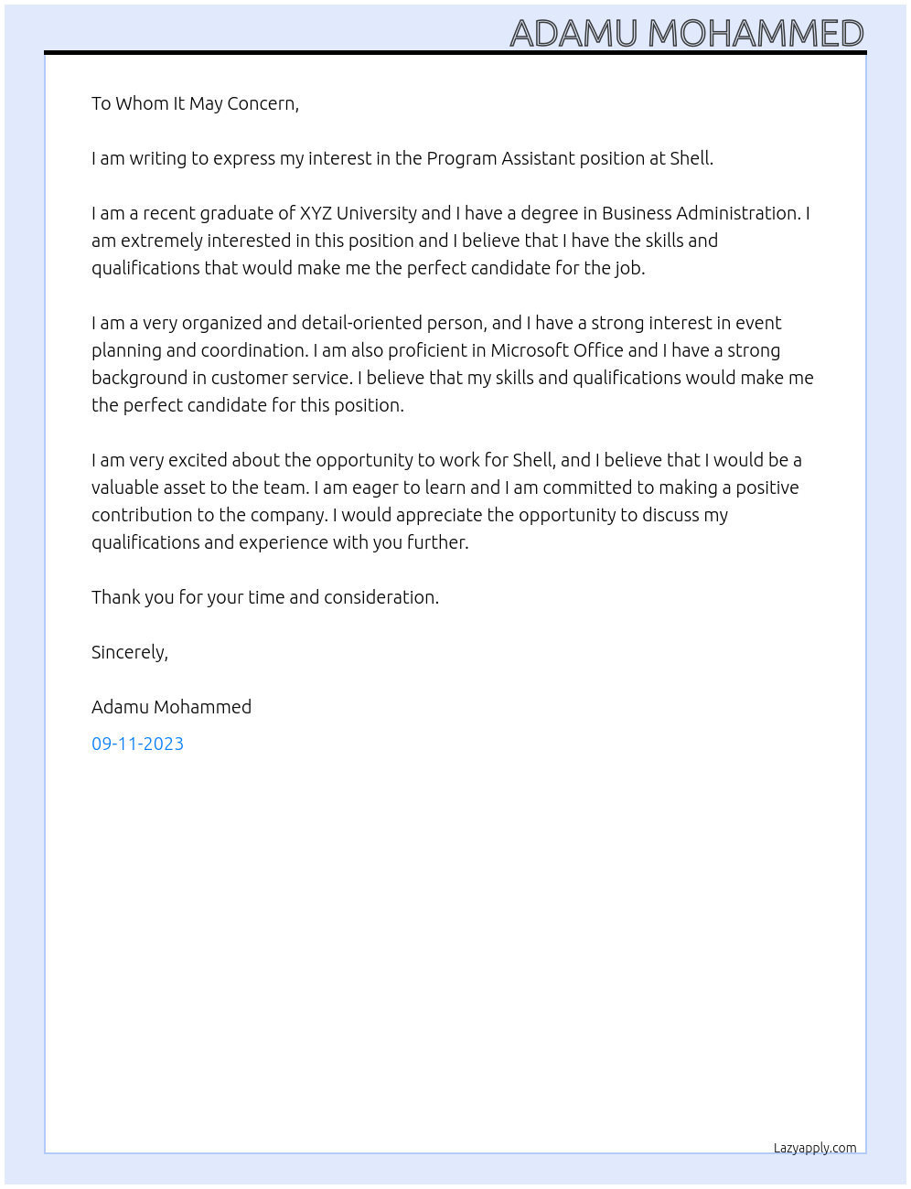 Program Assistant At Shell Cover Letter