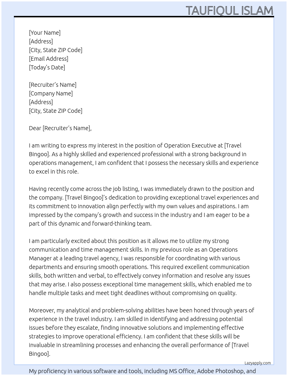 Operation Executive At Travel Bingoo Cover Letter
