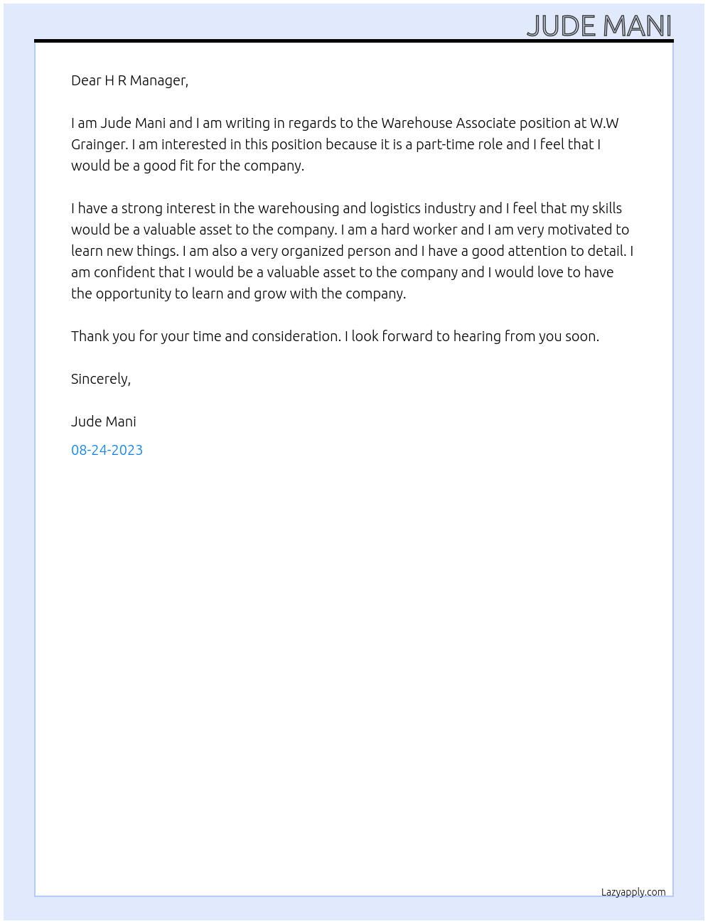 Warehouse Associate At W.W Grainger Cover Letter