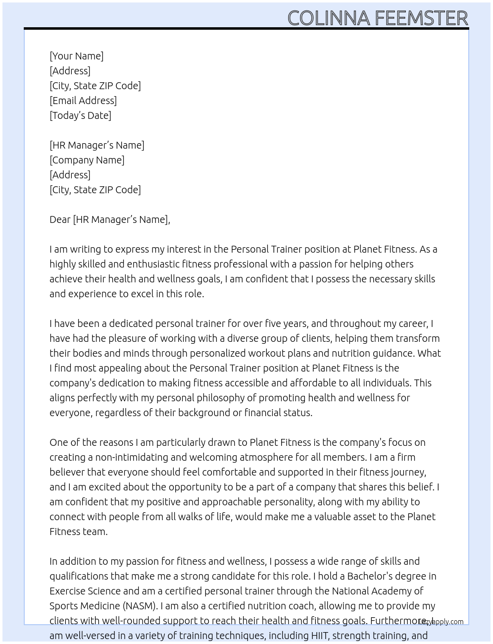 Personal trainer At Planet fitness Cover Letter