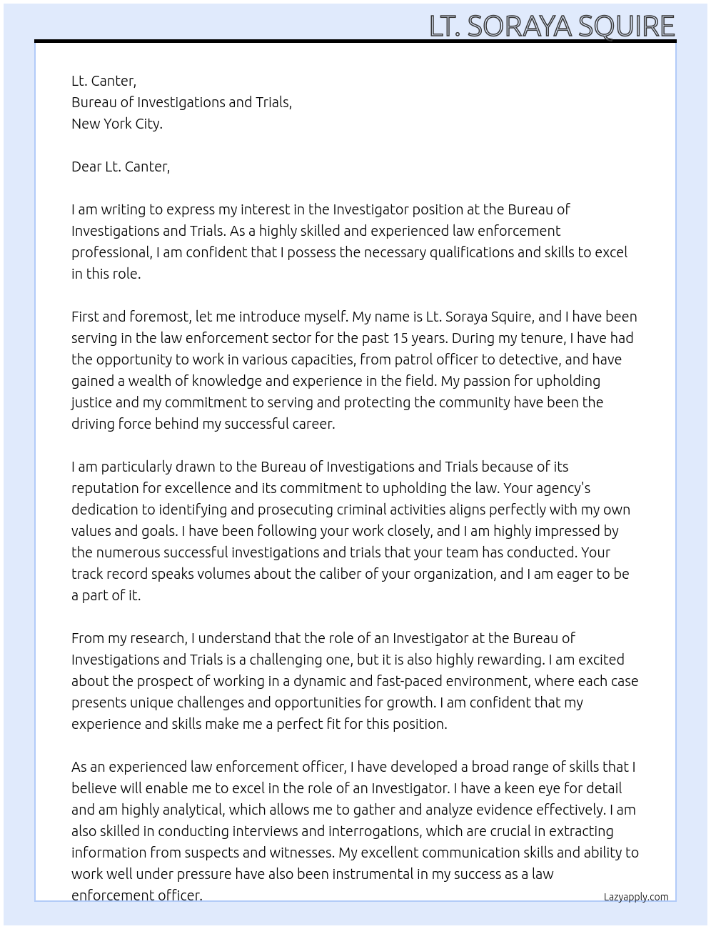 Investigator At Bureau of Investigations and Trials Cover Letter