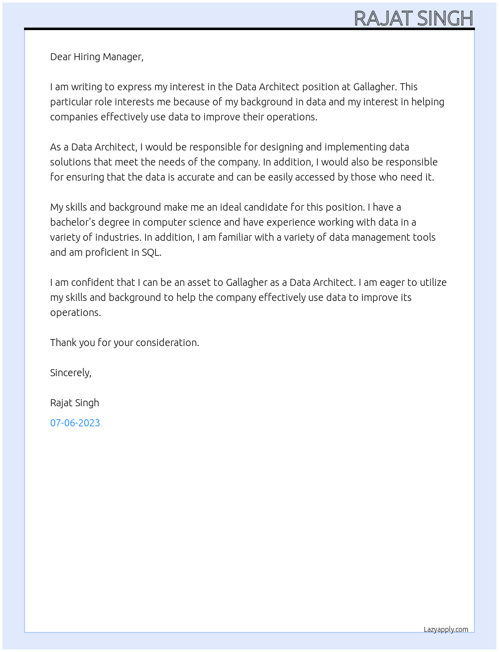 Data Architect At Gallagher Cover Letter