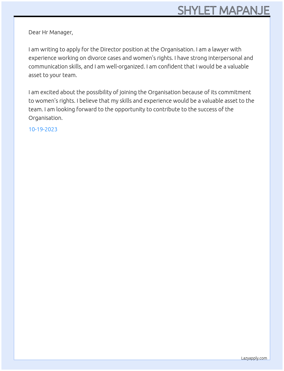 Director At the Organisation Cover Letter