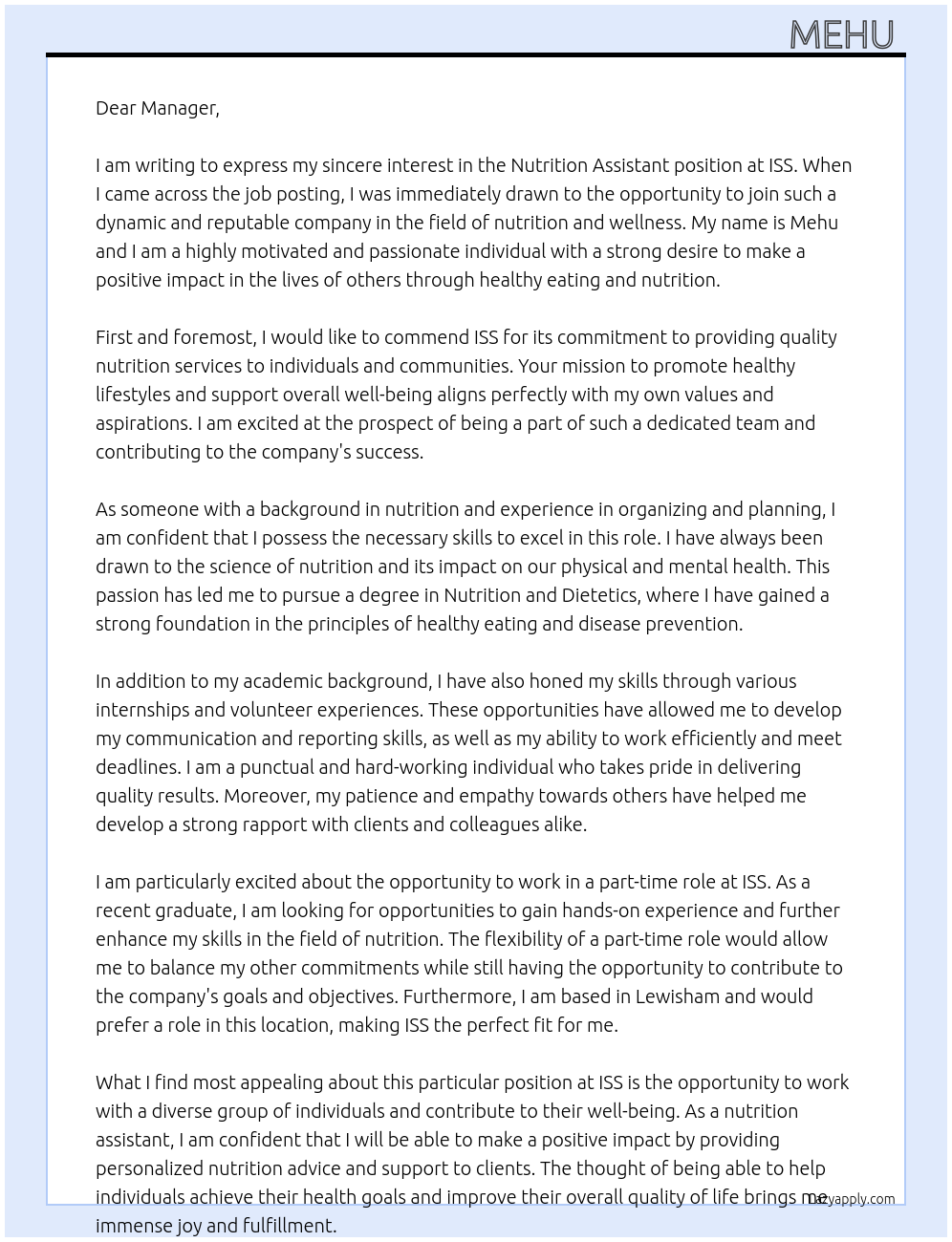 nutrition assistant  At iss Cover Letter