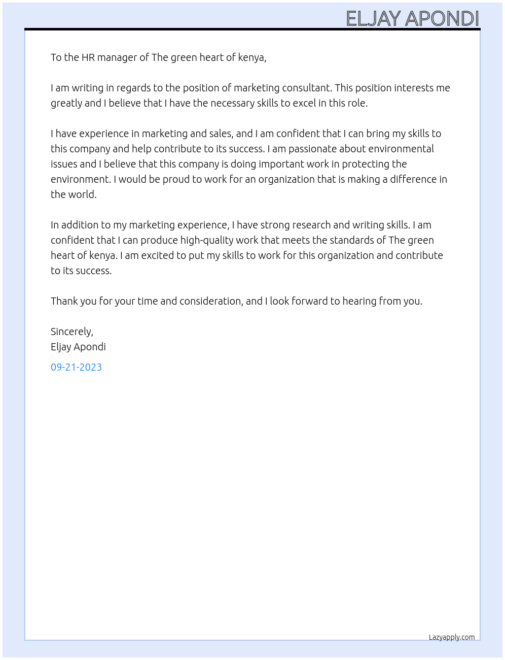 Marketing consultant At The green heart of kenya Cover Letter