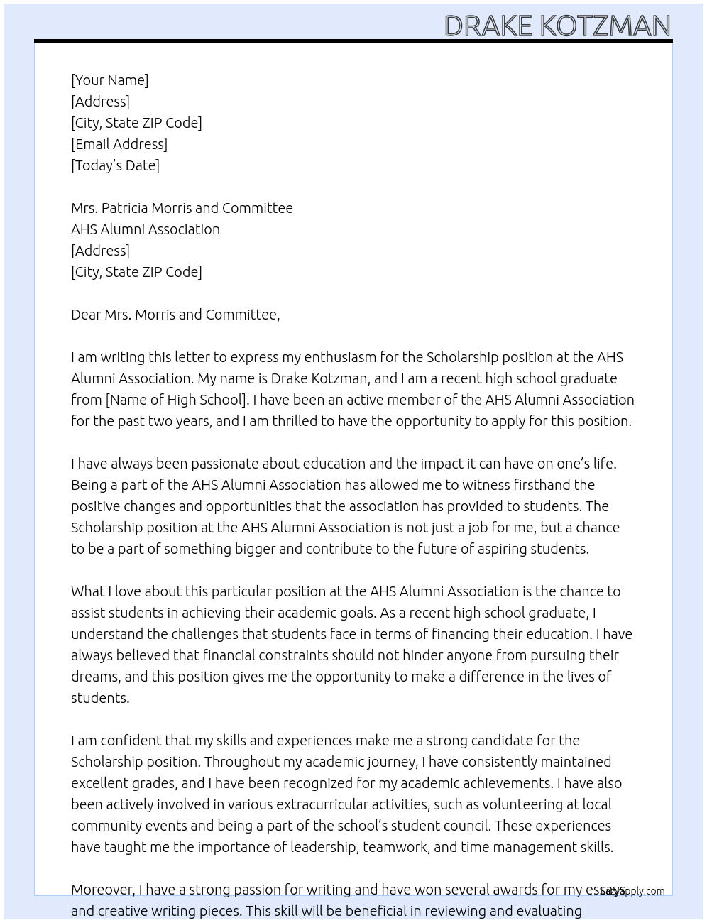 Scholarship At AHS Alumni Association Cover Letter