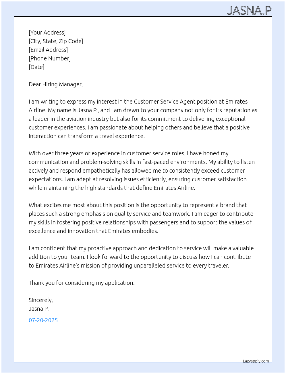 customer service Agent At Emirates Airline Cover Letter