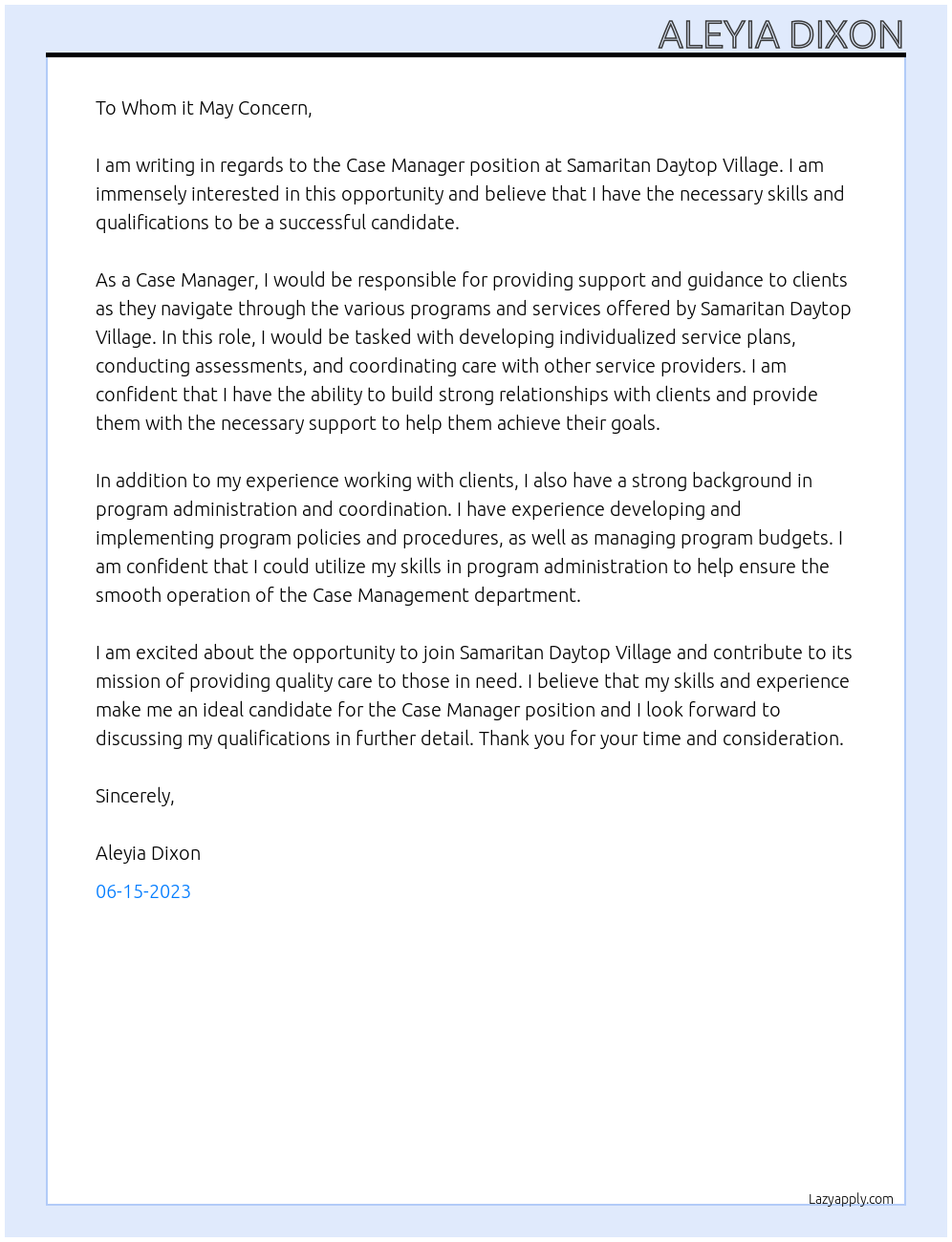 Case Manager At Samaritan Daytop Village Cover Letter