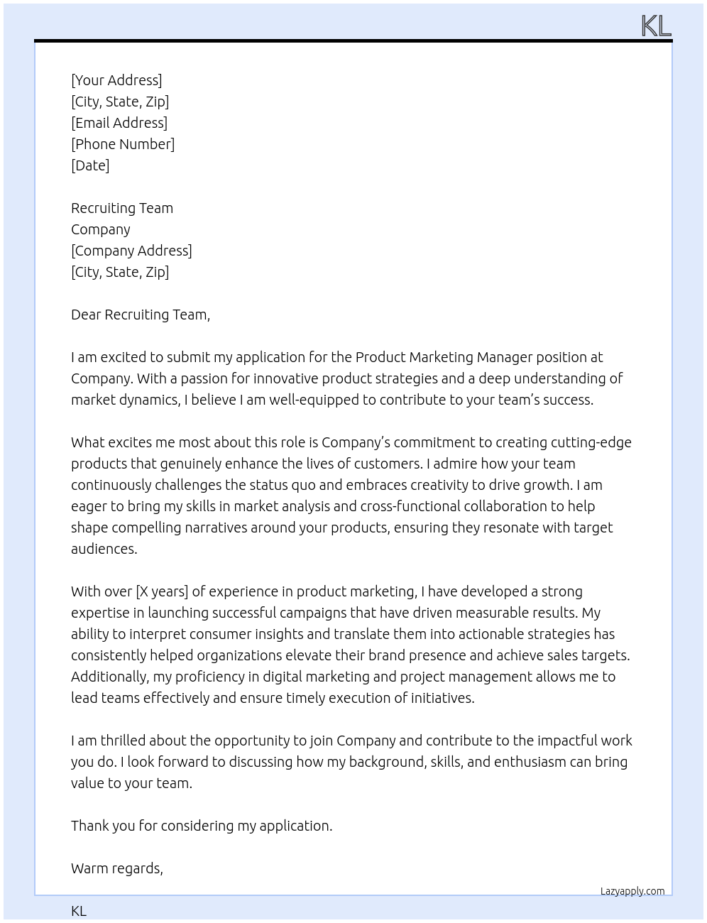 Product Marketing Manager  At Company Cover Letter