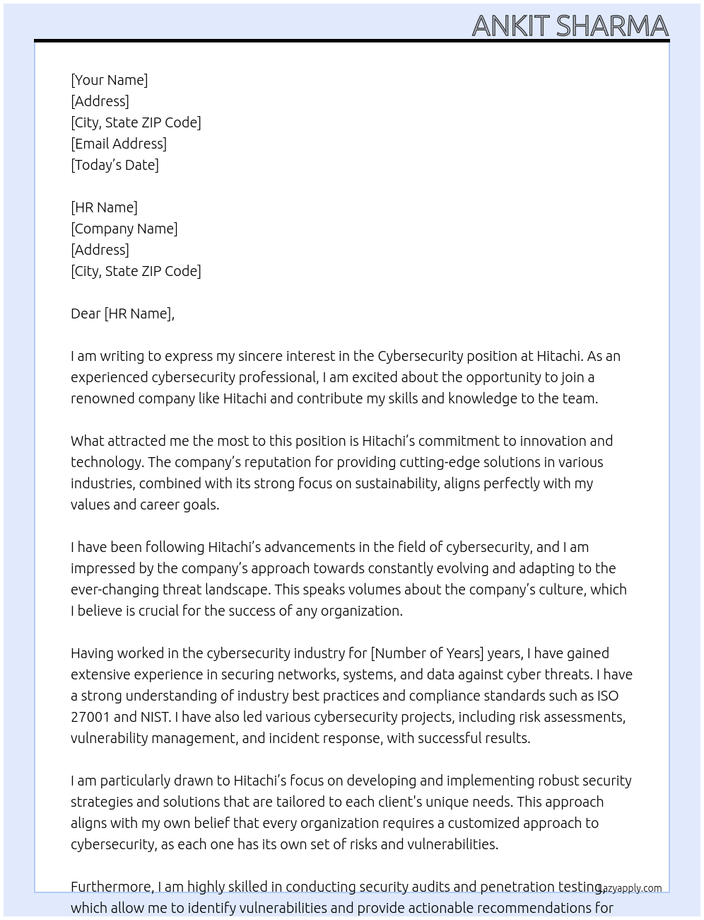 Cybersecurity  At Hitachi Cover Letter
