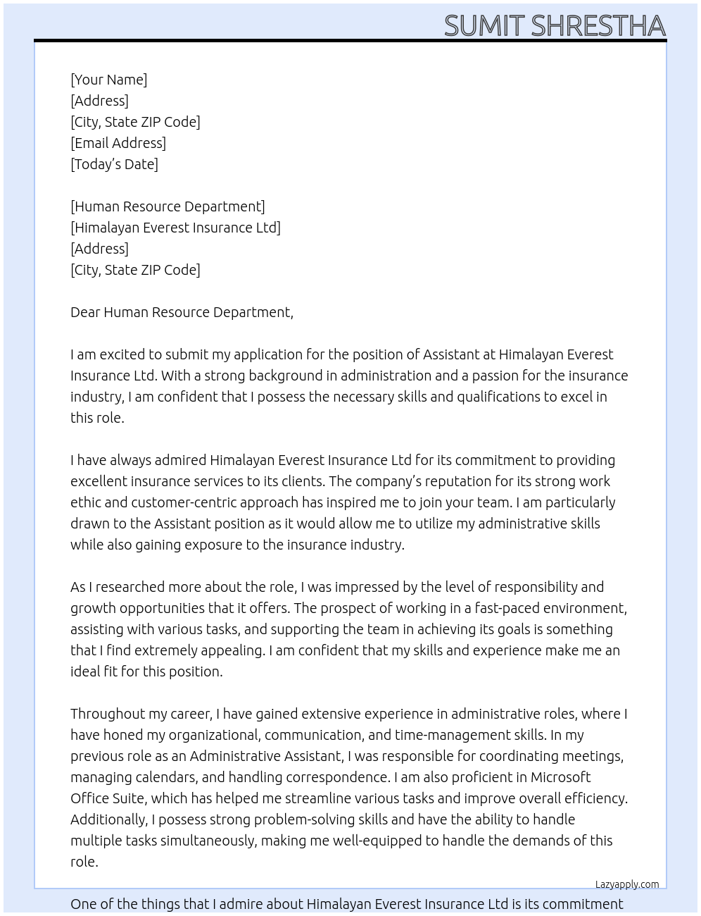 Assistant At Himalayan Everest Insurance Ltd Cover Letter