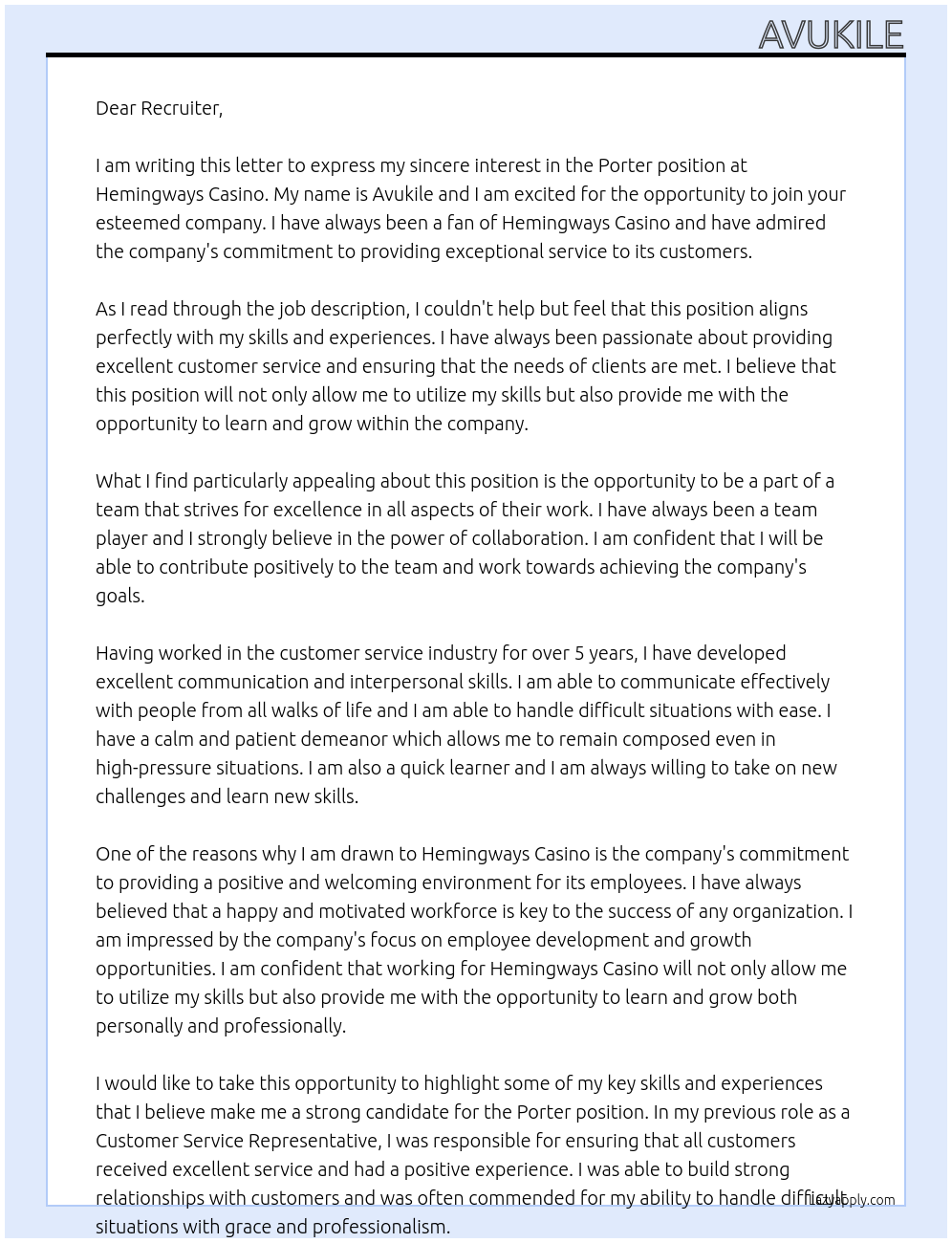 Porter At Hemingways Casino Cover Letter