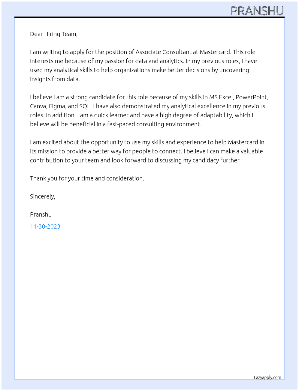Associate Consultant At Mastercard Cover Letter