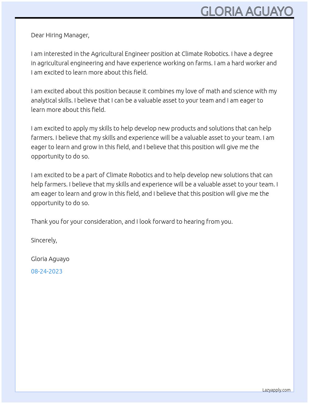 Agricultural engineer  At Climate Robotics Cover Letter