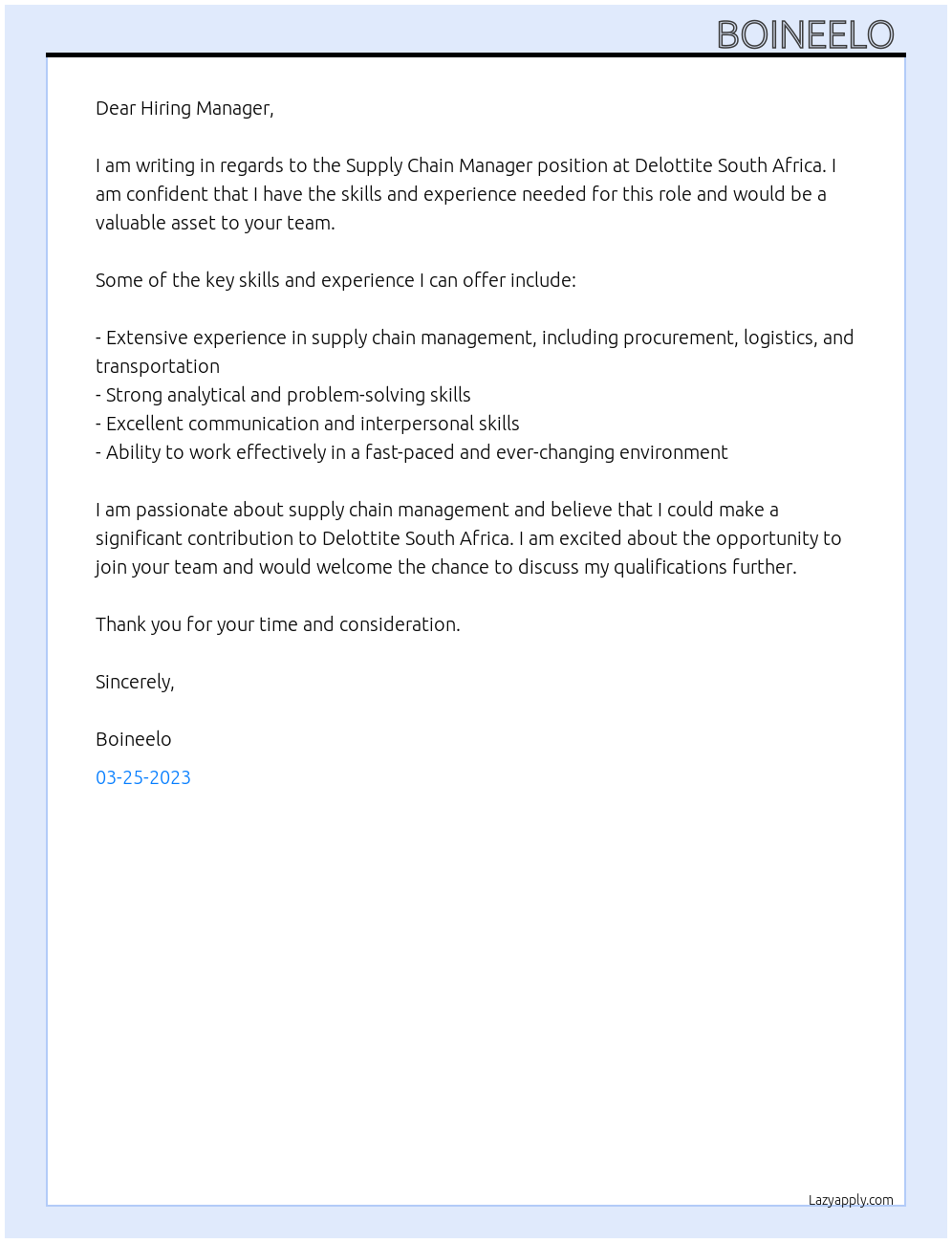 Supply chain manager At Delottite South Africa  Cover Letter