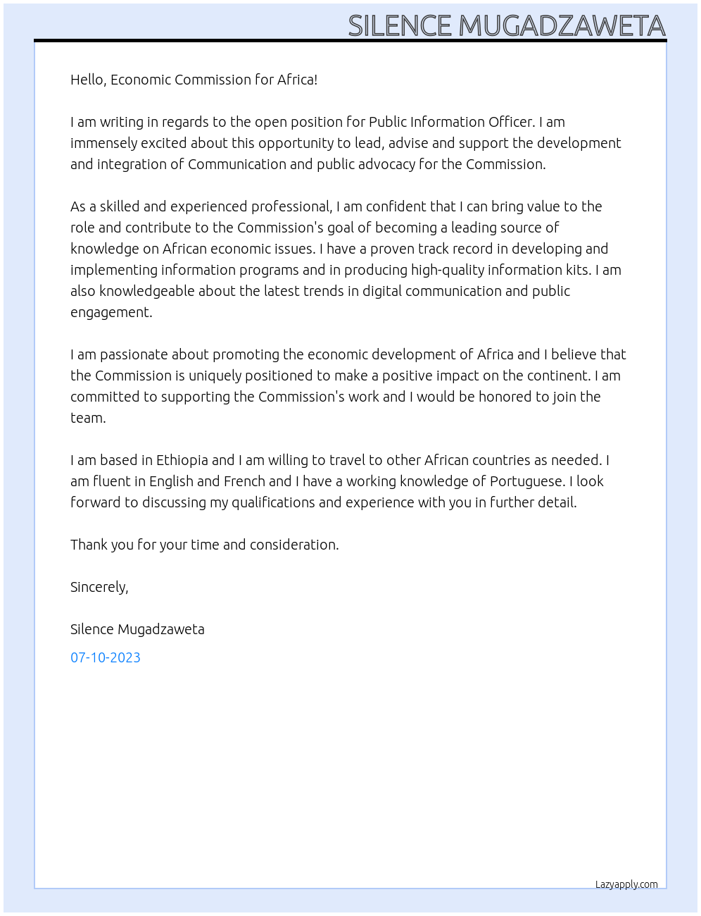 Public Information Officer At Economic Commission for Africa Cover Letter