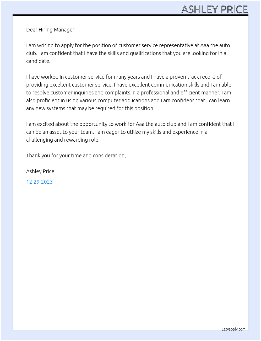 Customer service rep At Aaa the auto club Cover Letter