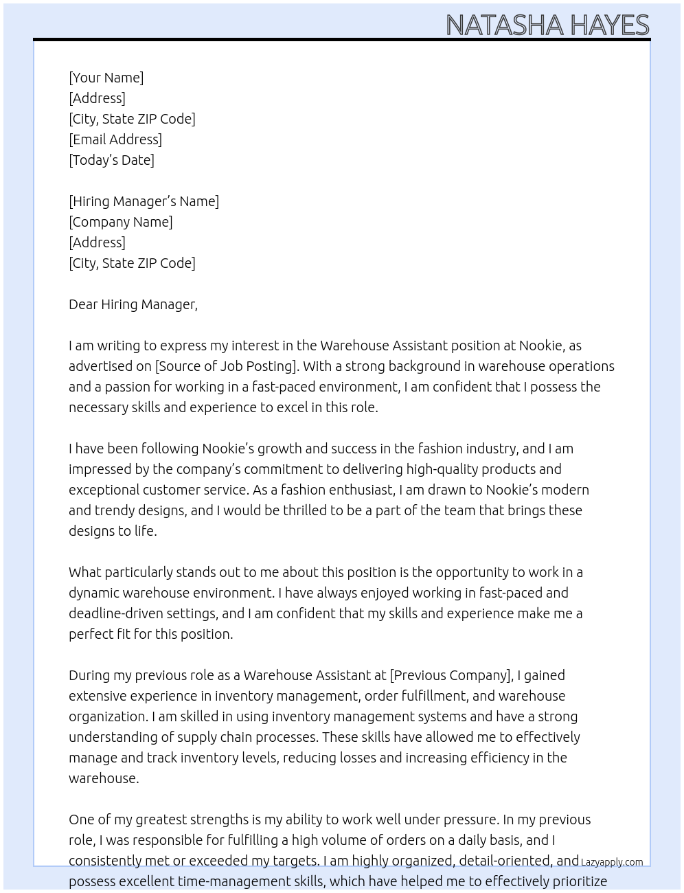 Warehouse Assistant  At Nookie Cover Letter