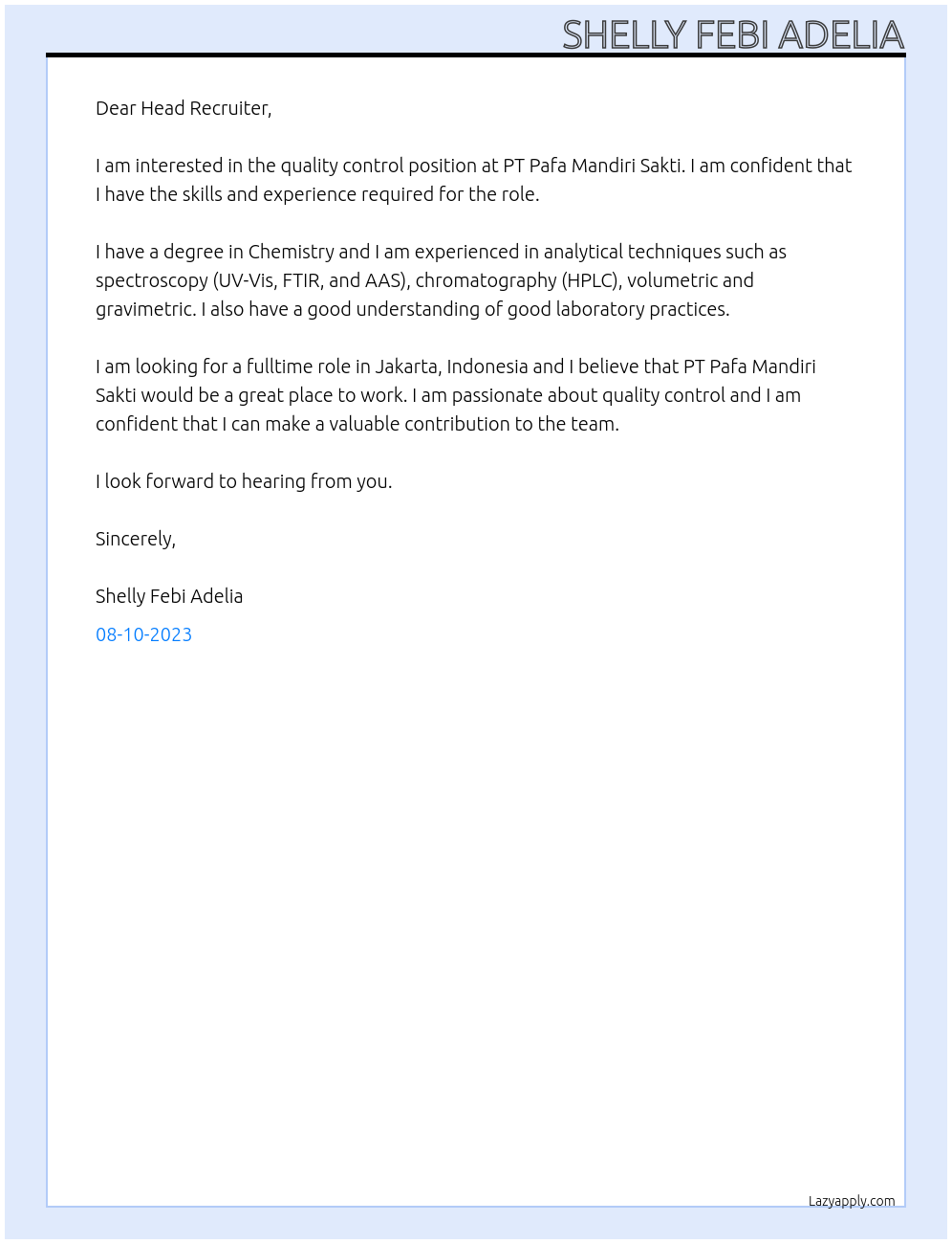 quality control At PT Pafa Mandiri Sakti Cover Letter